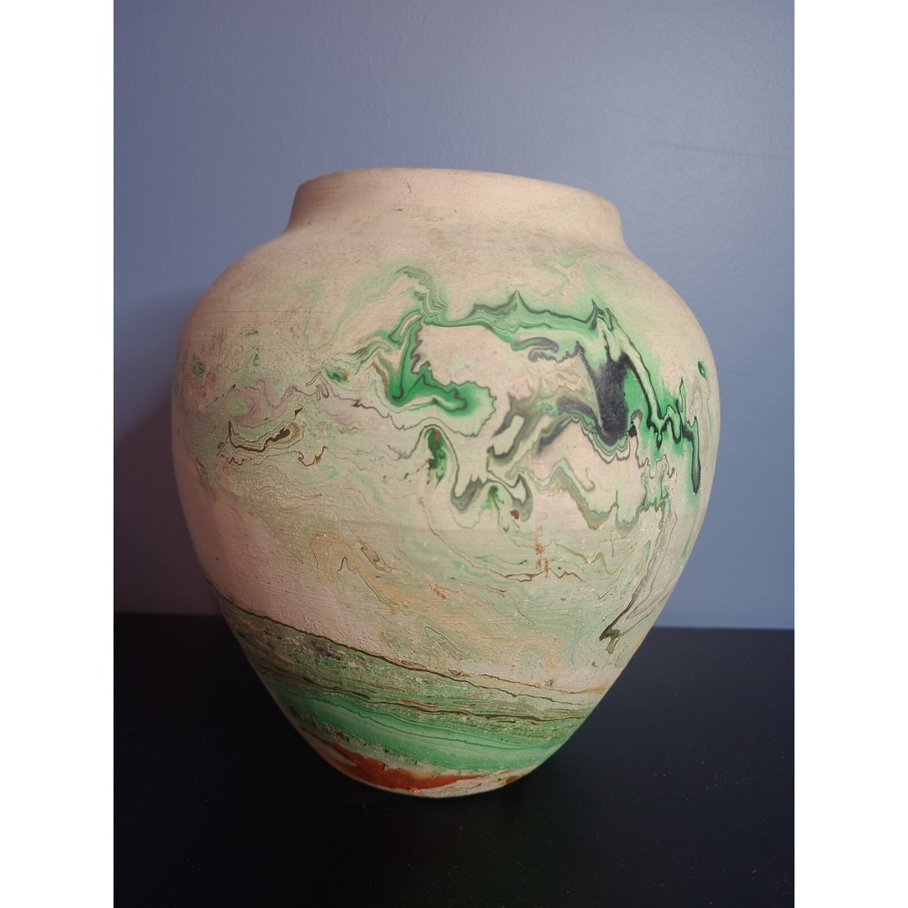VTG Nemadji Swirl Pottery Vase Green Orange Black 8" ‎ USA